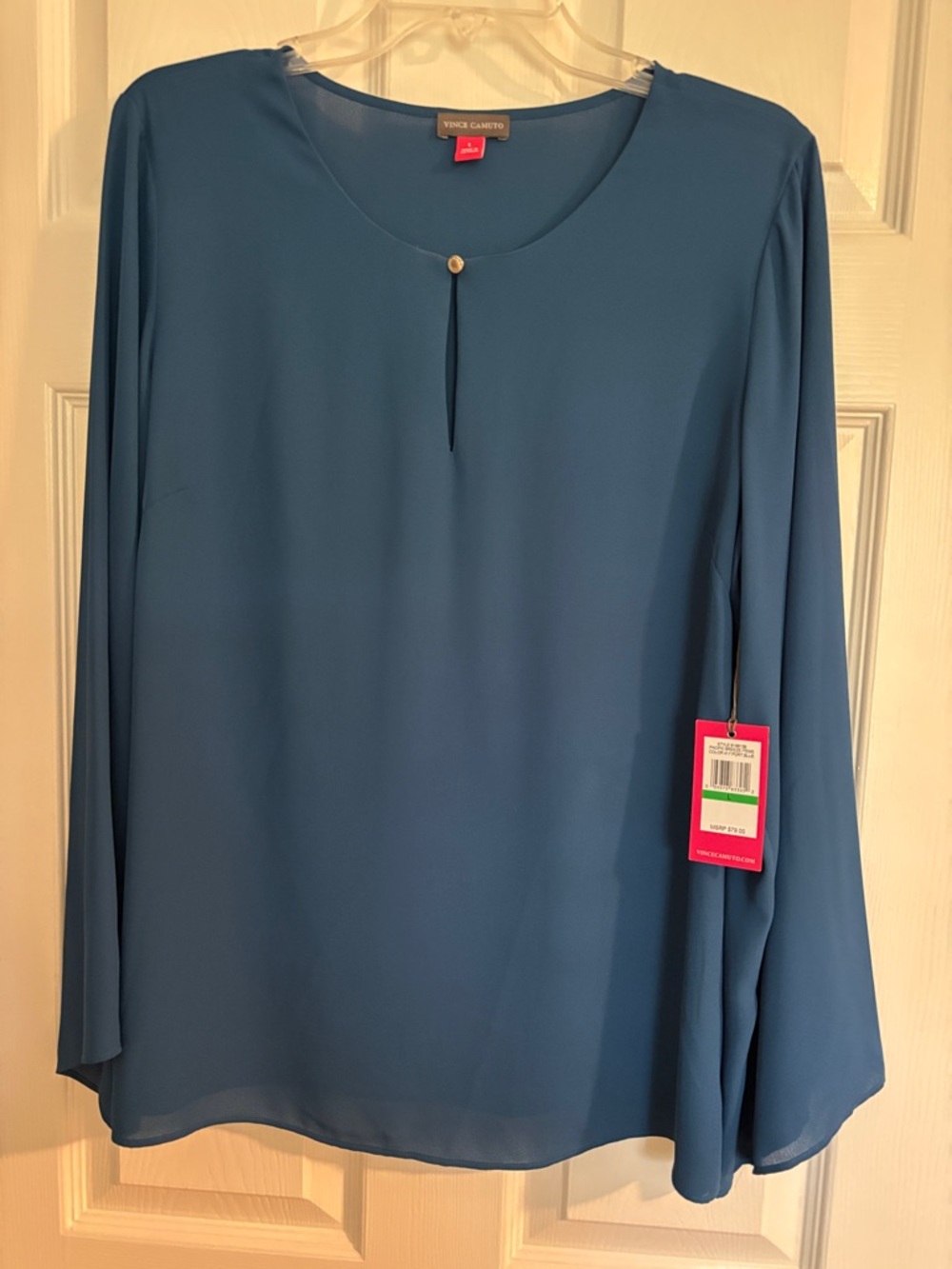 Vince Camuto Teal-Blue Long Sleeve Scoop Neck Blouse
